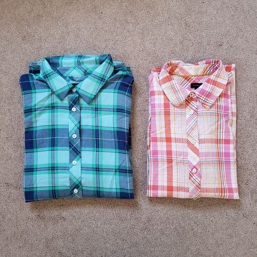 Talbots Lot Of 2 Button Up Plaid Shirt Lightweight Spring Metallic Women's Med